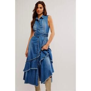 Free People Western Bohemian Ruffle Denim Midi Maxi Dress Belted Cowgirl Small